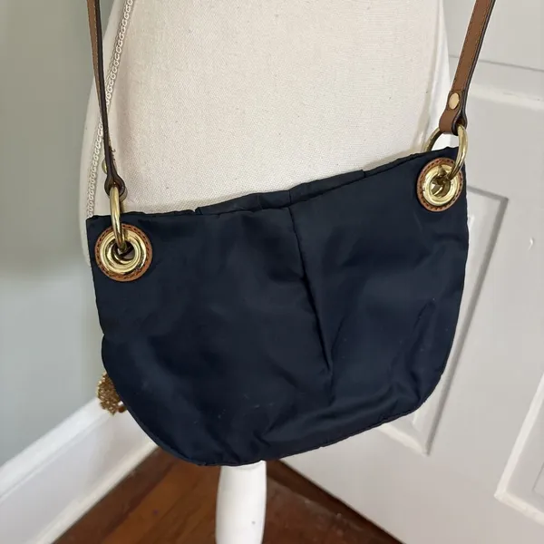 Vince Camuto Cris Blue Nylon Brown‎ Leather Crossbody Tassel Bag Gold - Image 4