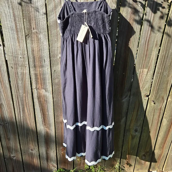 NEW SIM & SAM Linen Blend Navy w/White Trim Tiered Midi Dress M - Image 11