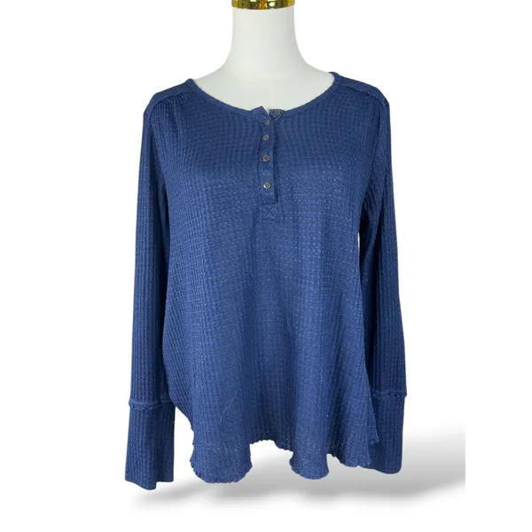 Anthropologie Navy Blue Waffle Knit Henley Long Sleeve Top Small SKU-A341 - Image 3