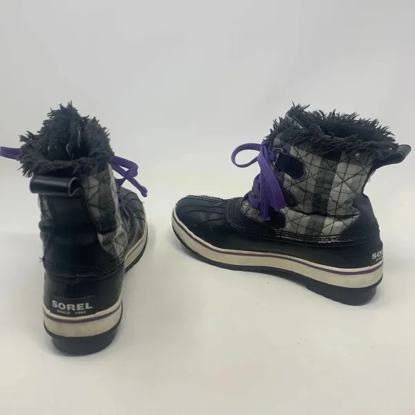 Sorel Tivoli II Leather Plaid Lace-Up Snow Boots‎ Black Gray Purple Size US 5 - Image 9