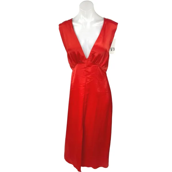 NEW Zara Red Satin Silk Sleeveless Deep V Neck Slit Cutout Back Maxi Dress Sz L - Image 2
