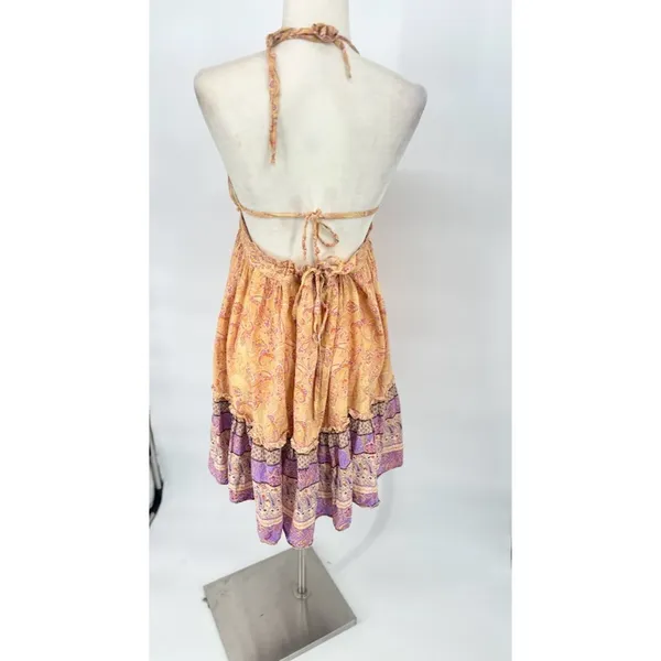 R Vivimos Halter V Neck Mini‎ Ruffle Dress Sz Medium Yellow Floral Boho Festival - Image 6
