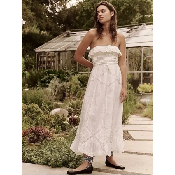 Free People Ethereal Cottage Prairie White Lace Hi Hello Midi Dress Medium - Image 5