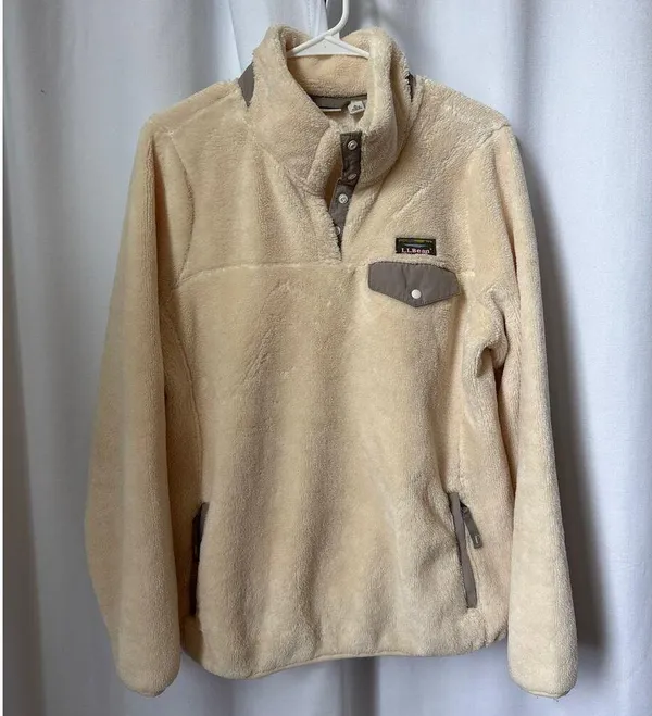 L.L.Bean Hi-Pile Fleece Pullover cream and gray size large - Image 8