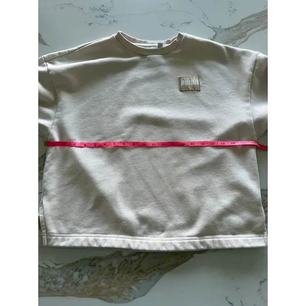 Puma Womens Crewneck‎ Sweatshirt Beige Tan Logo Patch Fleece Pullover Large - Image 3