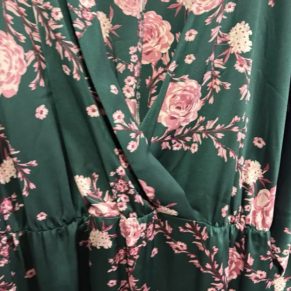 Eloquii Womens Satin Faux Wrap Dress Green Pink Floral Blossoms Kimono-Inspired - Image 7