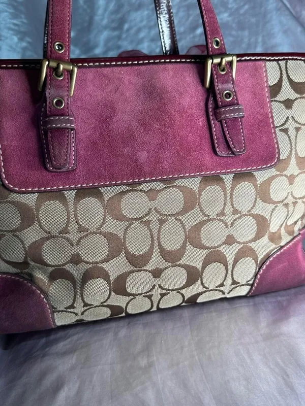 Vintage Y2K Coach Gallery Hampton Signature C Burgundy Suede Canvas Purse Jacqua - Image 3
