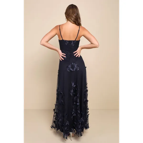 NWT Lulus Abundant Charm Navy Blue 3D Floral Applique Maxi Dress Cocktail Size S - Image 4