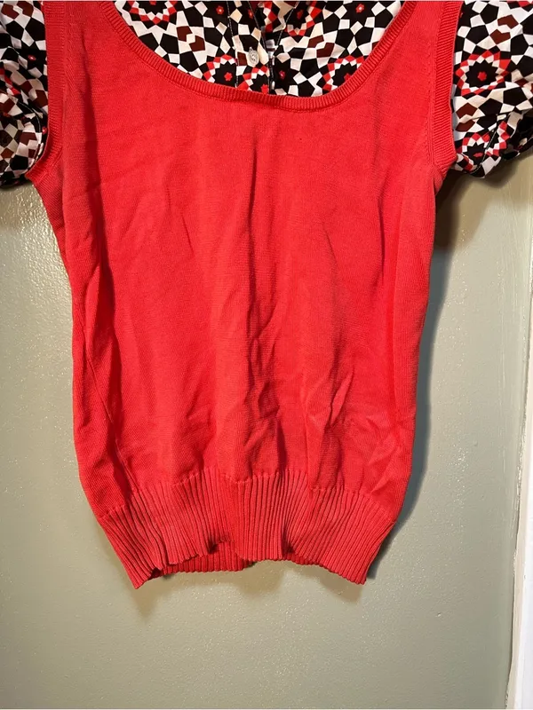 Tory Burch Women's Size Medium Twofer Sweater Blouse Coral Geometric‎ Collared - Image 3