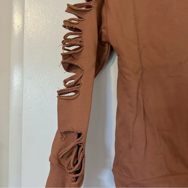 ALO Yoga Fade Distressed Pullover Crewneck Sweatshirt Womens Small Tan - Image 5