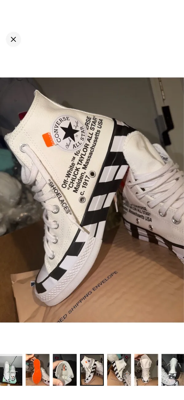 Converse White High-Top Sneakers with Black Checkerboard and Orange Tabs - Image 4