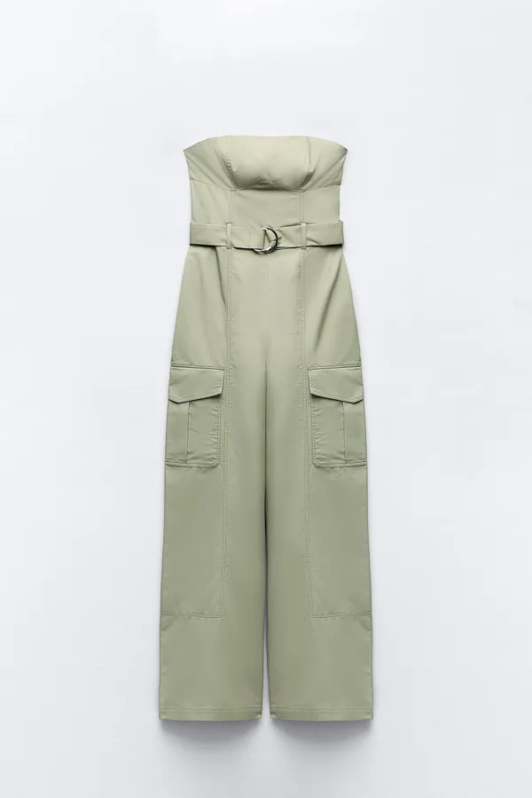 ZARA jumpsuit technical fabric cargo sleeveless wide streight leg light khaki - Image 5