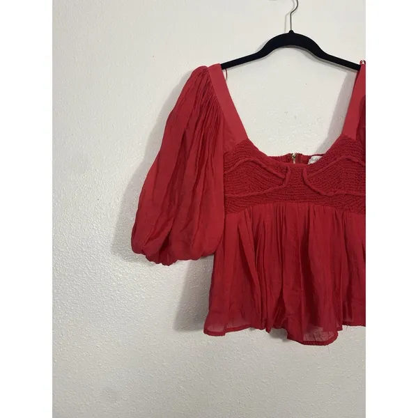 Sofie the label Red Puff Sleeve Smocked Ruffle Cropped Top Square Neck Size S - Image 4