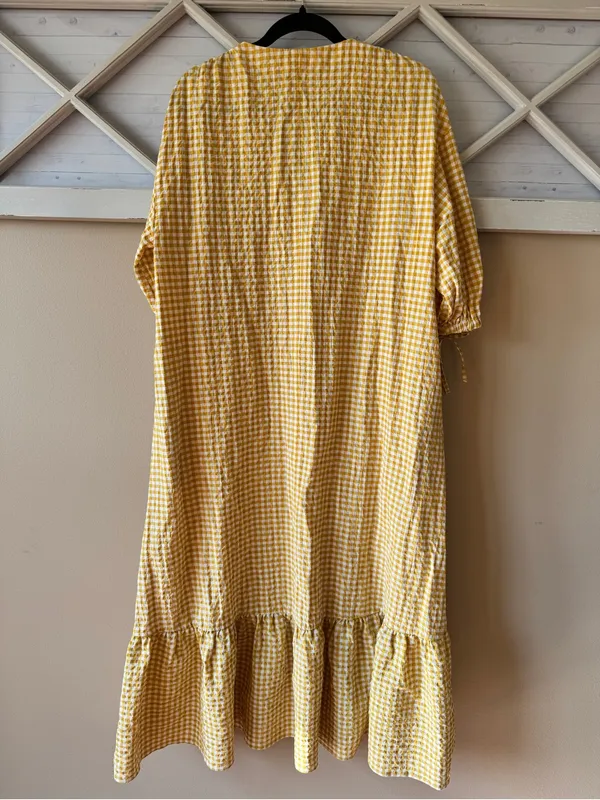 MNG‎ Womens Cotton Blend Check Print V-Neck Long Sleeve Maxi Dress Yellow Size 2 - Image 6
