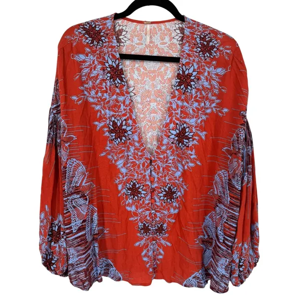 Free People Birds of A Feather Boho V-Neck Balloon Sleeve Blouse Top Size Small‎ - Image 4