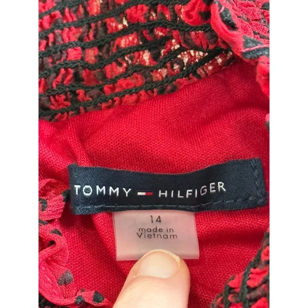 EUC Tommy Hilfiger Womens Red Flocked Plaid Flowy Dress velvet detail Size 14 - Image 3