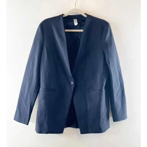 Spanx Perfect Collarless Single Button Blazer Jacket Pinstripe Navy Blue Small - Image 3