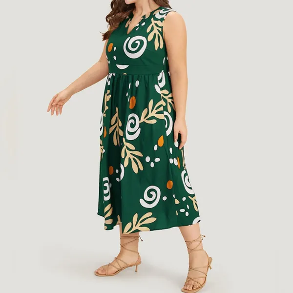 Scroll Graphic Print Notched Pocket Sleeveless Dress-Green-Large/Size 12 - Image 3