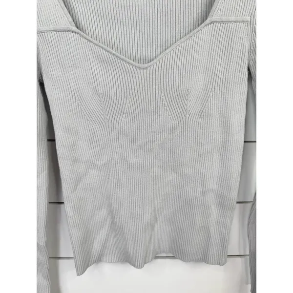 Open Edit Womens Size S Light Grey Ribbed Square V-Neck Fitted Long Sleeve Top - Image 4