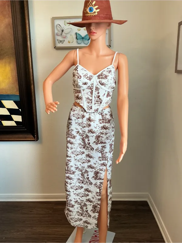 SHEIN Toile Corset Top & Maxi Skirt Set Brown Cream M - Image 4