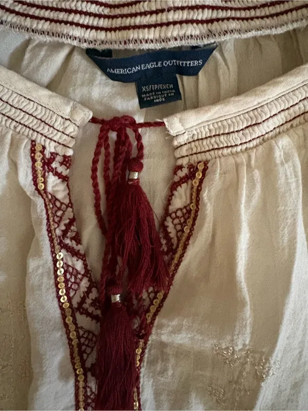 American Eagle Outfitters White Peasant Blouse with Brown Embroidery - Image 2