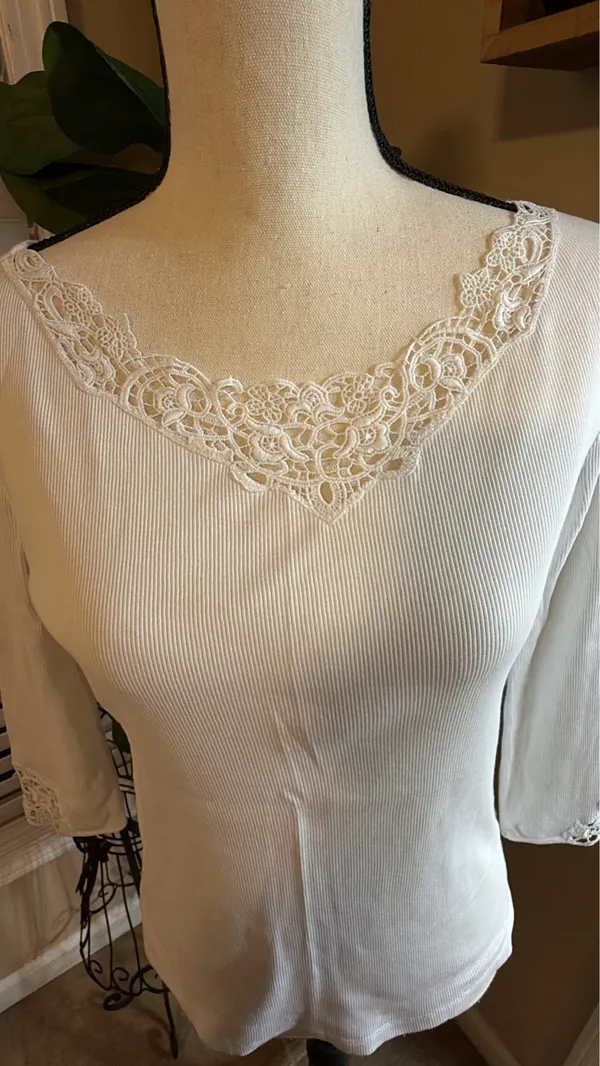 Lauren Ralph Lauren Cream Lace-Trim Ribbed Scoop Neck Long Sleeve - Image 3