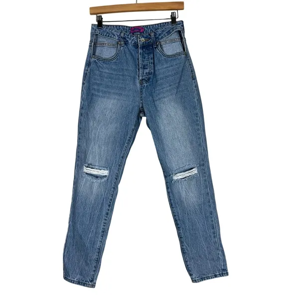 Edikted Polly Cutout Pocket Mom Jeans Distressed Medium Wash Y2K Festival Size M - Image 2