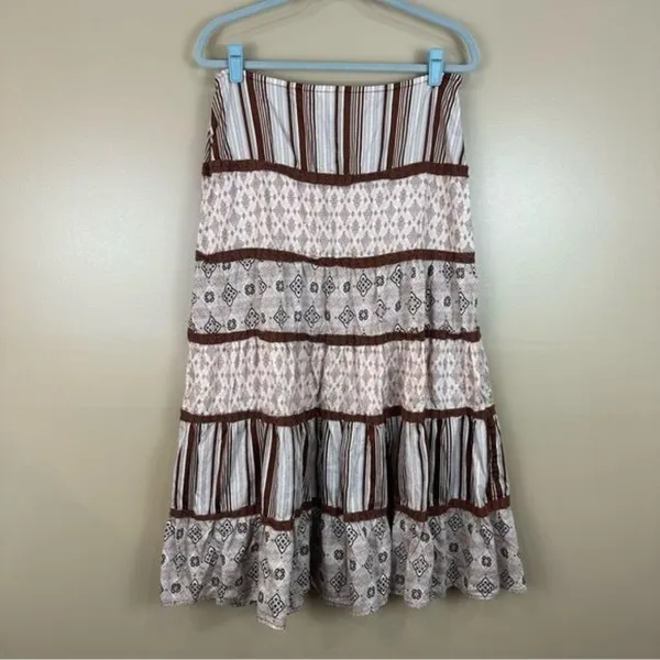 Vtg Central Falls Co Brown Crochet Trim Tiered Maxi Skirt Medium Peasant Prairie - Image 2
