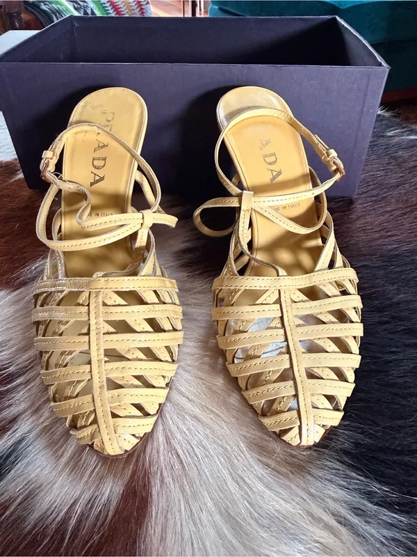 Prada Yellow Leather Woven Slingback Heels - Image 2