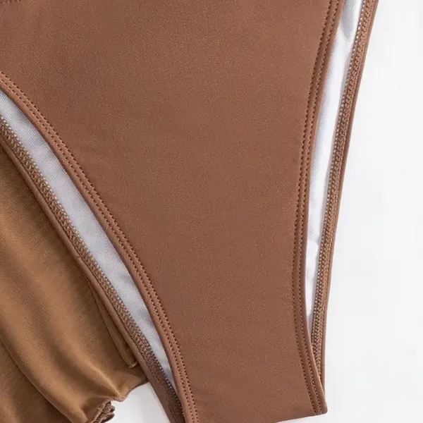 Coffee Brown 3-Piece Swimsuit Set – Bikini & Sheer Ruched Cover Up - Image 3