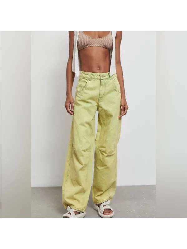 Urban Outfitters BDG Women's Green and Yellow Wide Leg Barrel Jeans Sz 24 - Image 5