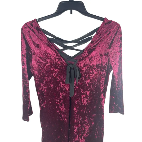 A Byer 90s Y2K Burgundy Crushed Velvet Black Tie Up Back V-neck Dress L Holiday - Image 5