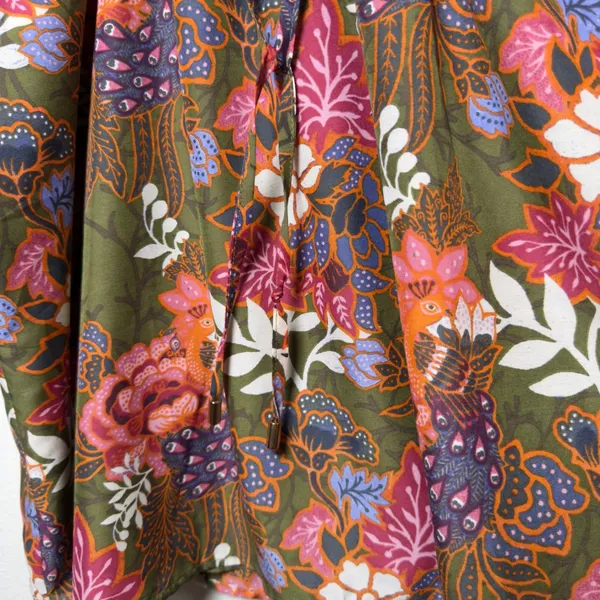 J. Marie Women Cotton Top Small Green Floral Peacock Babydoll Tassel Preppy Boho - Image 7