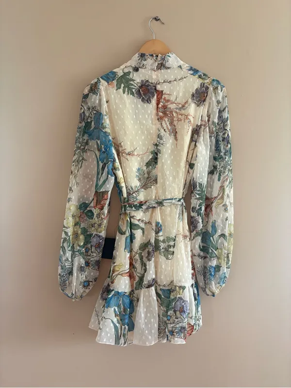 Lulus Ayame Ivory Floral Swiss Dot Balloon Sleeve Mini Dress Size Medium NWT Tie - Image 4