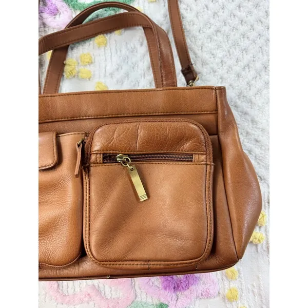 Brown Leather Satchel Shoulder Crossbody Bag Multiple Pockets‎ - Image 4
