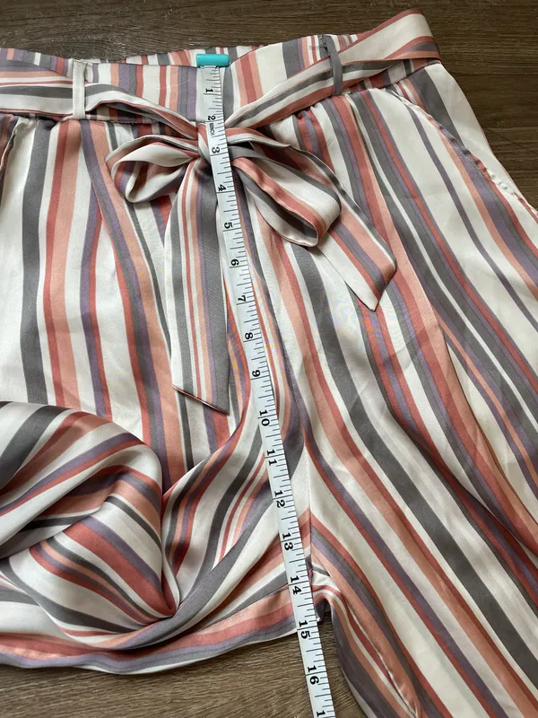 satin striped pants elastic waist belted pink grey women’s size M - Image 9