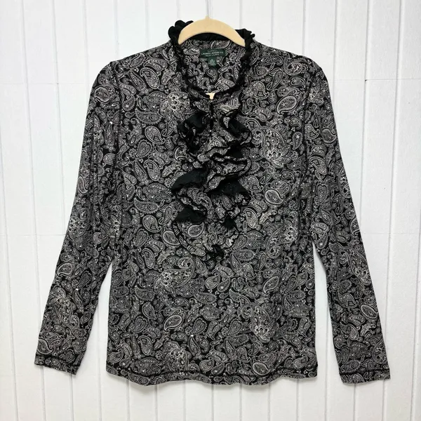 Ralph Lauren Black White Paisley‎ Ruffle Front Long Sleeve Cotton Blouse Size XL - Image 4