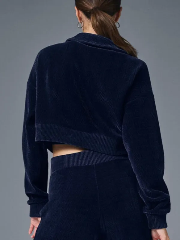 Alo Cropped Cozy Day Henley Pullover Navy V-Neck Velvet Velour Chevron Sweater S - Image 2