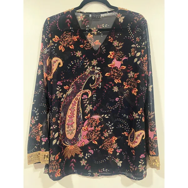 White Stag Y2K Sheer Paisley Floral Beaded Tunic Blouse Top M - Image 6