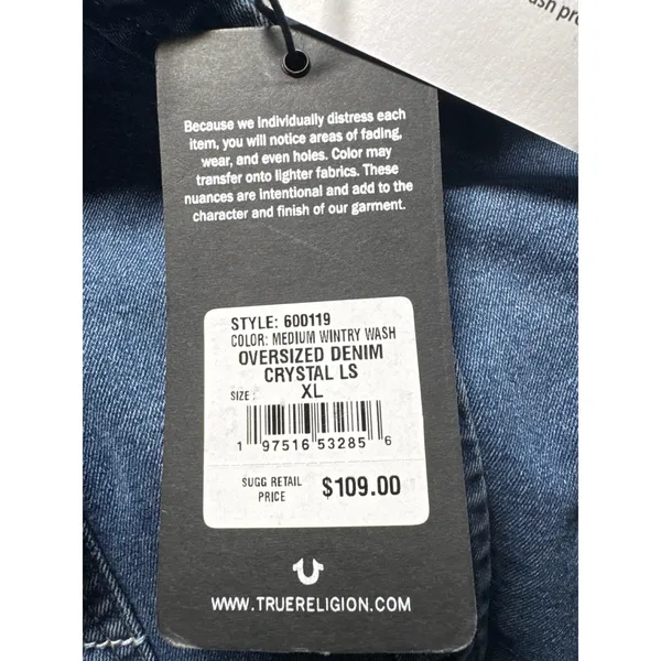 True Religion Oversized Denim Crystal LS Shirt Medium Wintry‎ Wash 600119 XL - Image 4