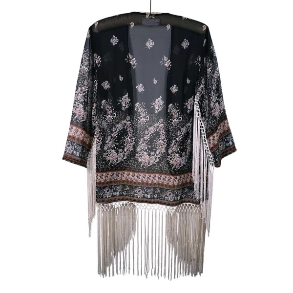 Abercrombie Boho Fringe Kimono Size XS Black Hippie Festival Coachella Western - Image 3