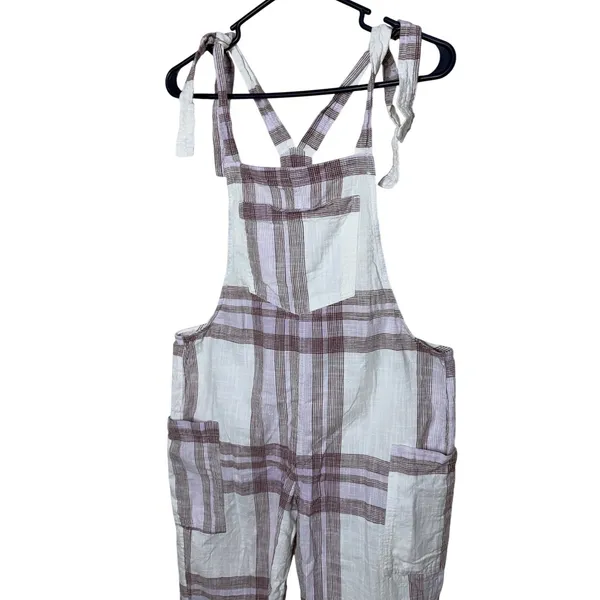 Aerie Womens Plaid Tie Shoulder Bib Overalls Purple White Size Small Relaxed - Image 2