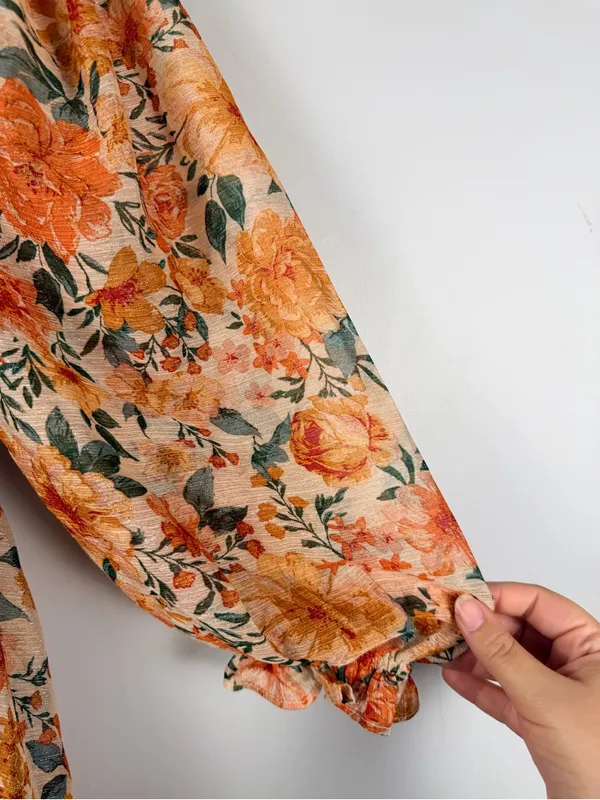Storia Estelle babydoll maxi dress in orange tan shimmer floral size XS - Image 4