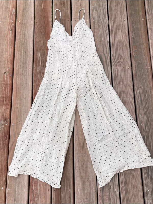 Reset by Jane Ivory Black Polka Dot Cotton blend jumpsuit Strappy Wide Leg Lined - Image 3