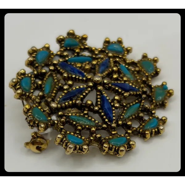 Unbranded Filigree Flower Brooch Women Small Gold Blue Turquoise Enamel Vintage - Image 4