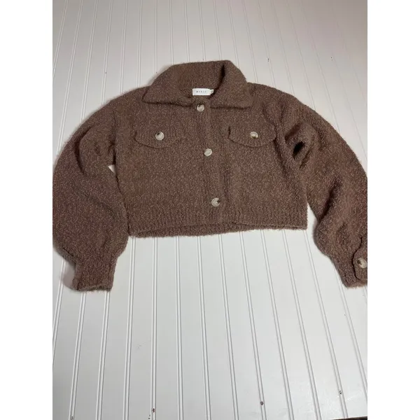 Mable Brown Fuzzy Boucle Cropped Sweater Jacket Teddy Shacket Small - Image 2