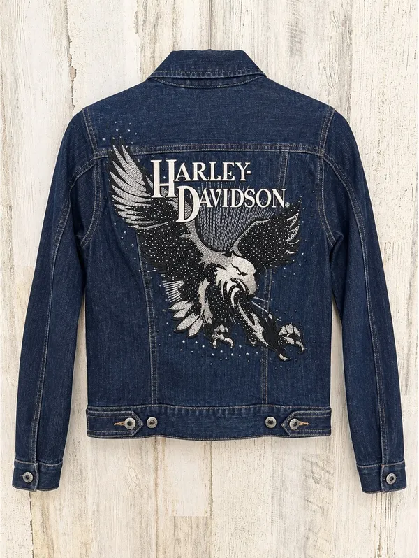 Harley-Davidson Women’s XS Denim Jacket Eagle Rhinestone Embroidered Moto - Image 2