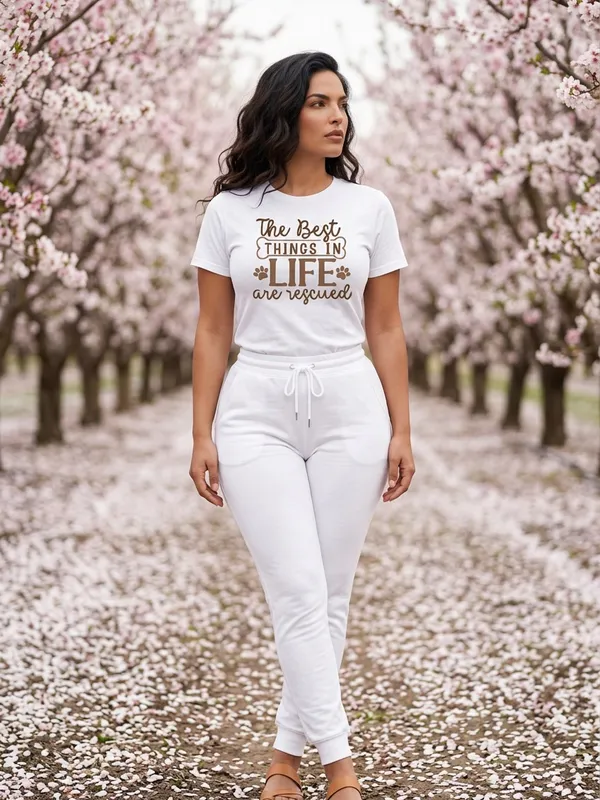 Gildan Women’s White Premium Quality “The Best Things In Life Are Rescu ” T-shirt Sz XL - Image 2