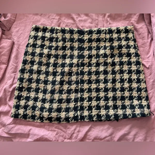 House of Harlow 1960 Mini Skirt Tweed Houndstooth Tan Black Women's large - Image 4