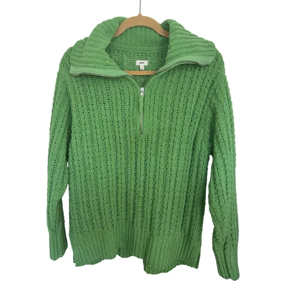 Aerie Kelly Green Cable Car Quarter Zip Sweater Oversized S Chenille - Image 2